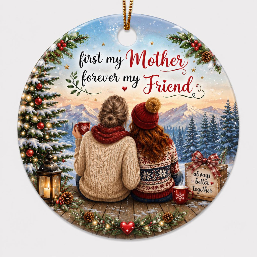 Mother Daughter Ornament, Winter Forest Ceramic Keepsake, Custom Family Holiday ArtPersonalized