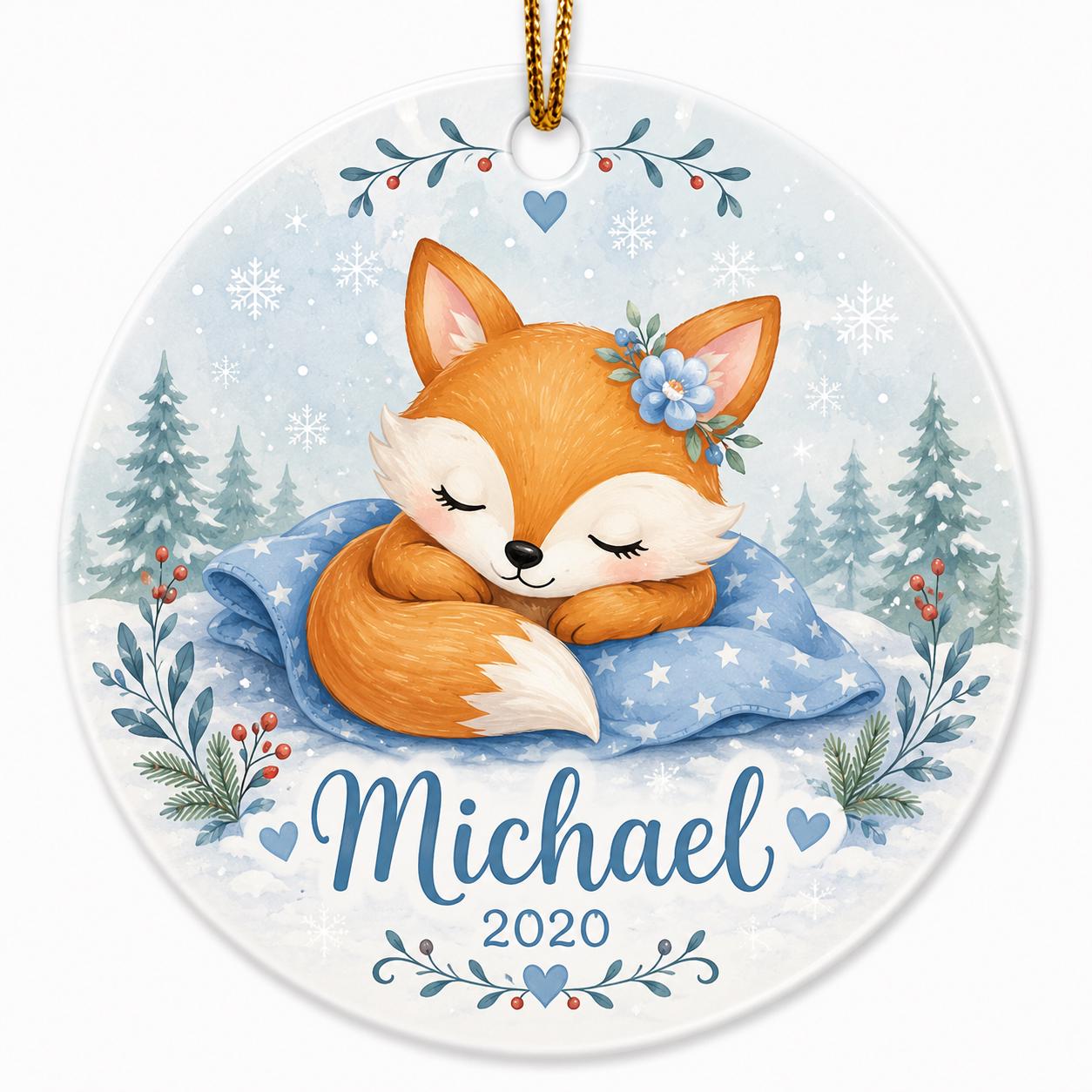 Sleeping Baby Fox Ceramic Ornament, Woodland Nursery Keepsake, Personalized Christmas GiftPersonalized