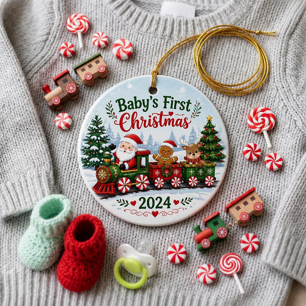 Baby's First Christmas Train Ornament,  Infant Keepsake, Santa Gingerbread Reindeer Decor (2024)Personalized