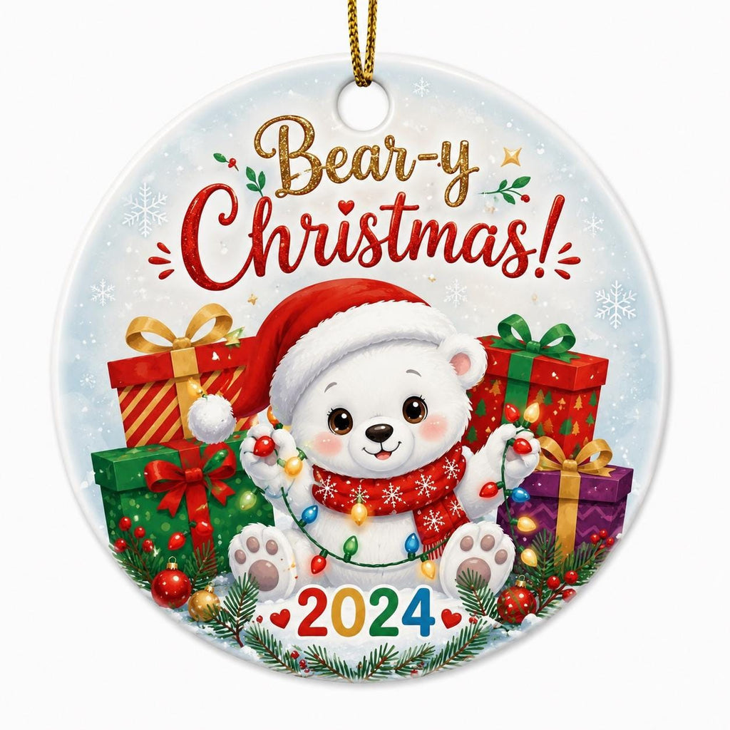 Polar Bear Christmas Ornament, Custom Name Gift, Lights, 2024 Holiday Keepsake, Ceramic DecorPersonalized