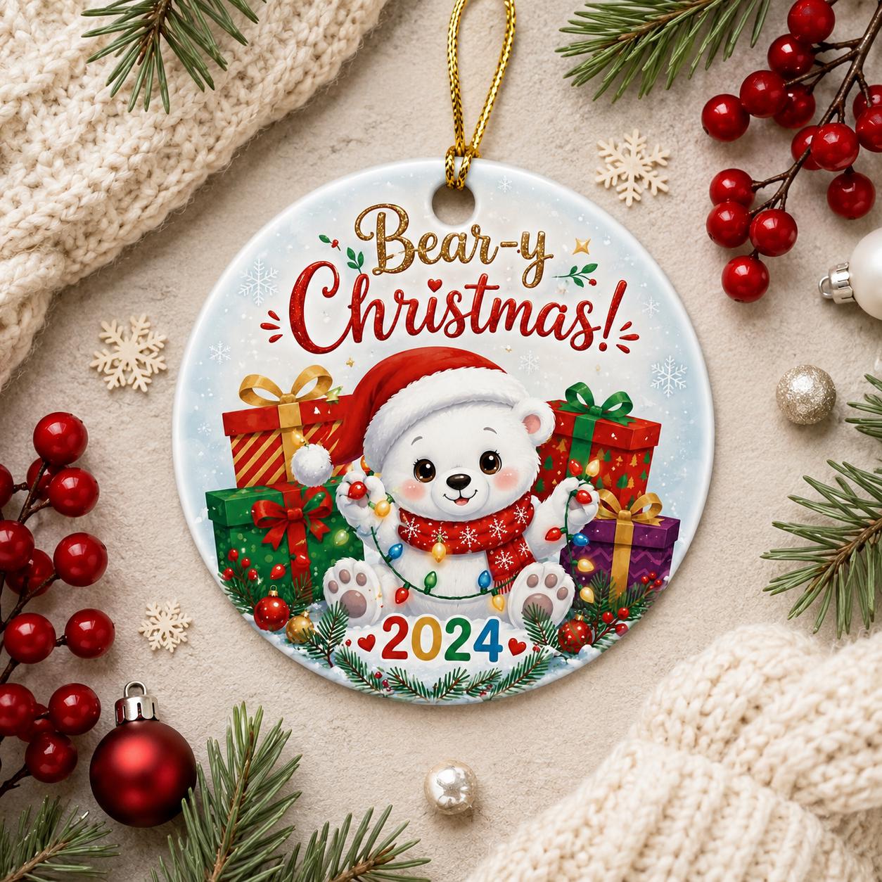Polar Bear Christmas Ornament, Custom Name Gift, Lights, 2024 Holiday Keepsake, Ceramic DecorPersonalized