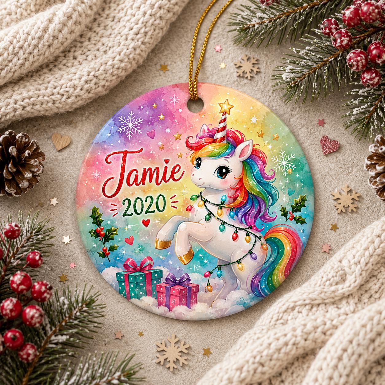 Unicorn Christmas Ornament, Rainbow Name Keepsake, Little Girl Holiday DecorPersonalized
