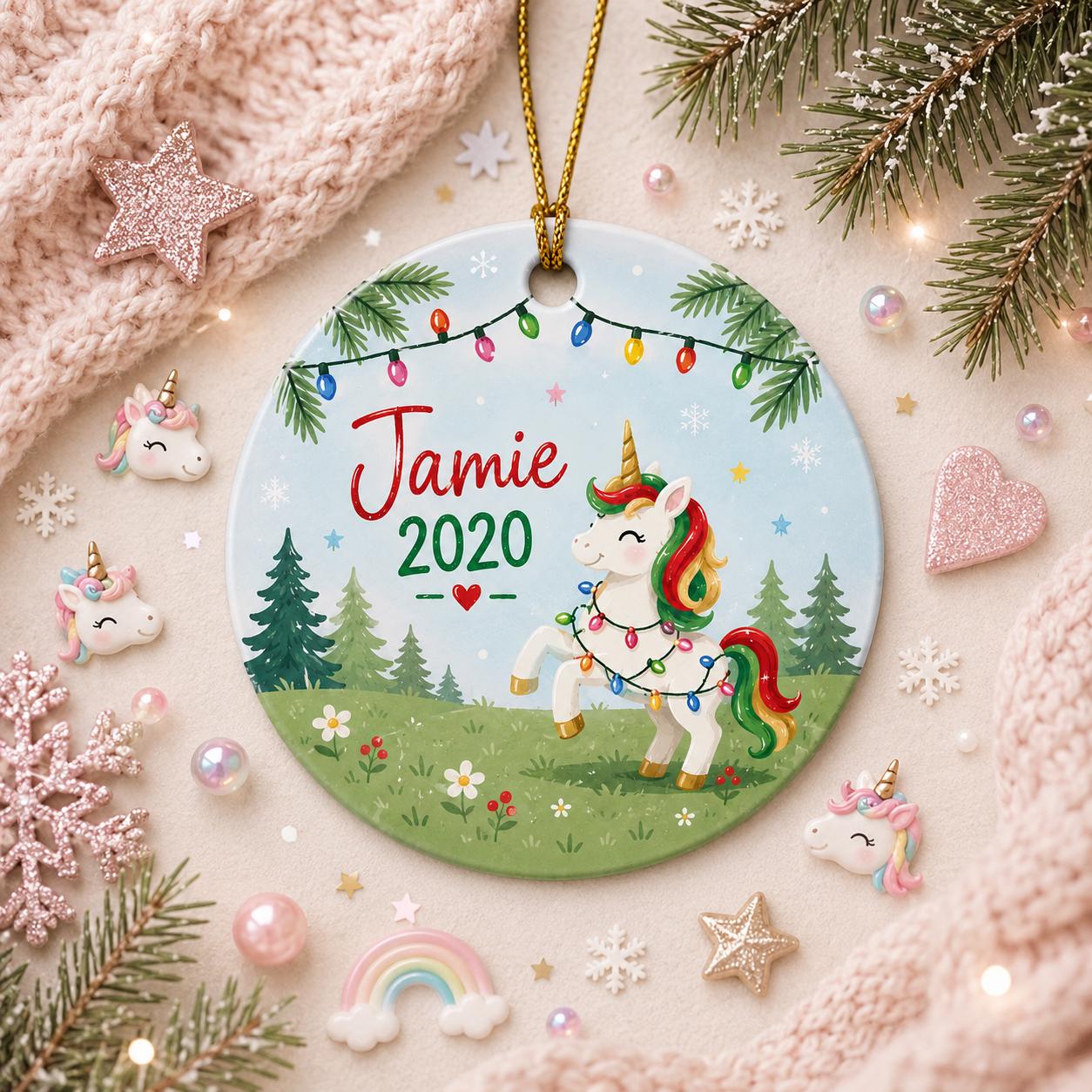 Unicorn Christmas Ornament, Kids Name Gift, Rainbow Magical Lights Ceramic KeepsakePersonalized