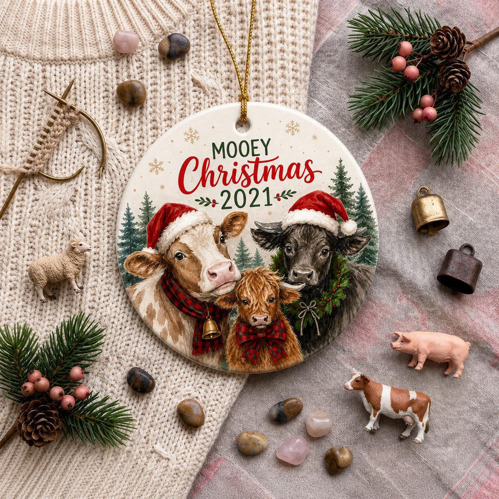 Mooey Christmas Cow Ornament, Rustic Farmhouse Holiday Decor, Custom Family KeepsakePersonalized