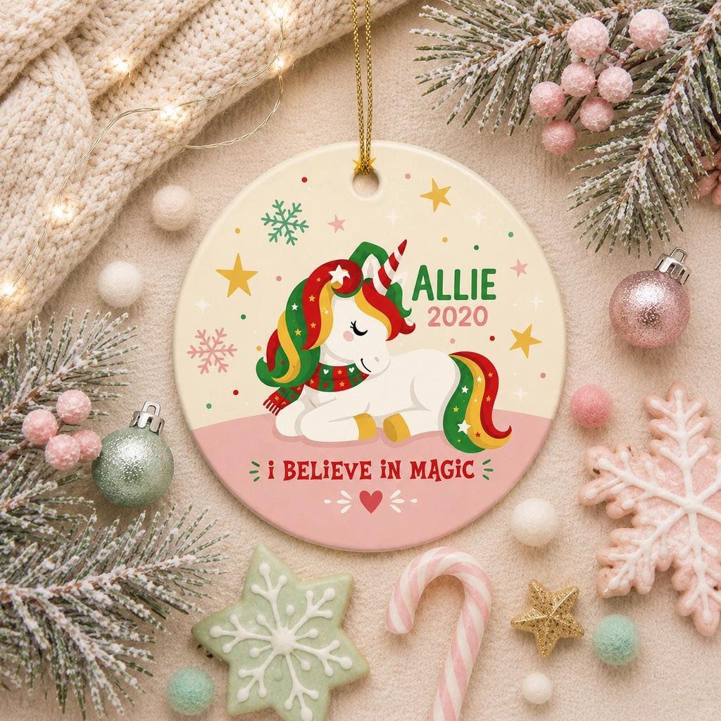 Unicorn Christmas Ornament: Believe In Magic Ceramic KeepsakePersonalized