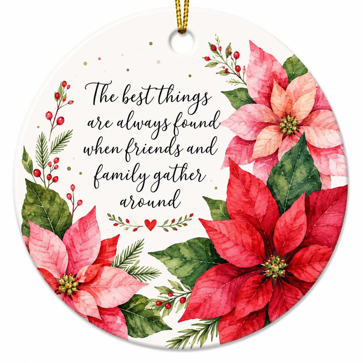 Poinsettia Christmas Ornament, Watercolor Floral Keepsake, Family Gather Quote Alegre Botanical DecorPersonalized