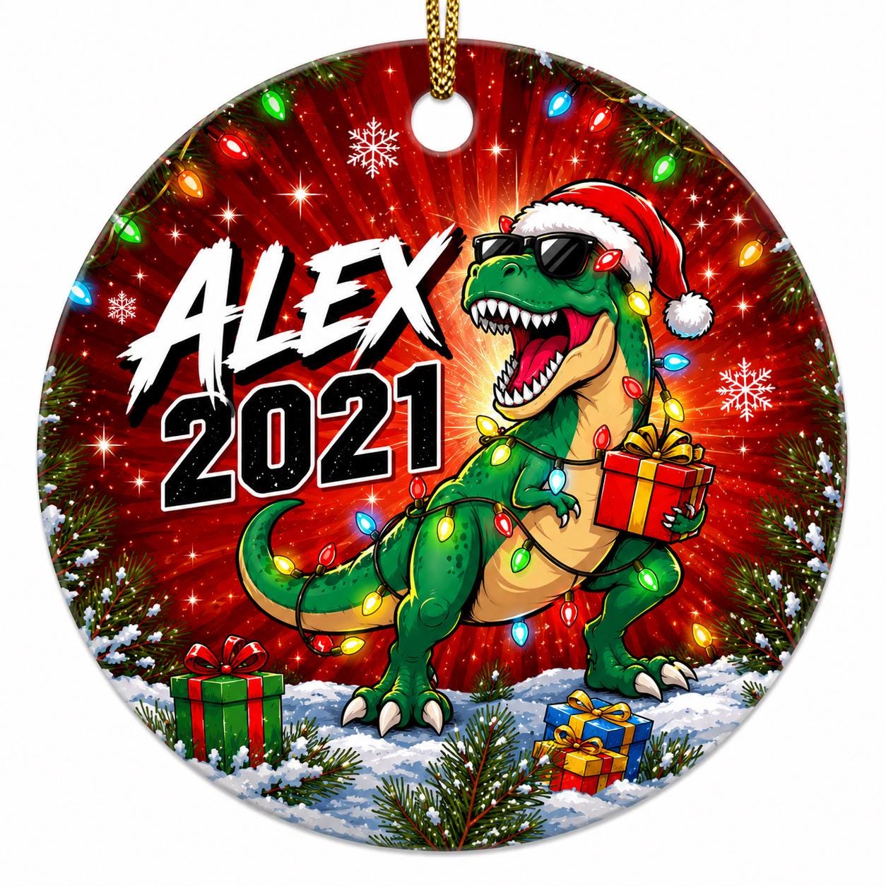 T-Rex Dinosaur Christmas Ornament, Custom Name Boy Gift, Ceramic Holiday KeepsakePersonalized