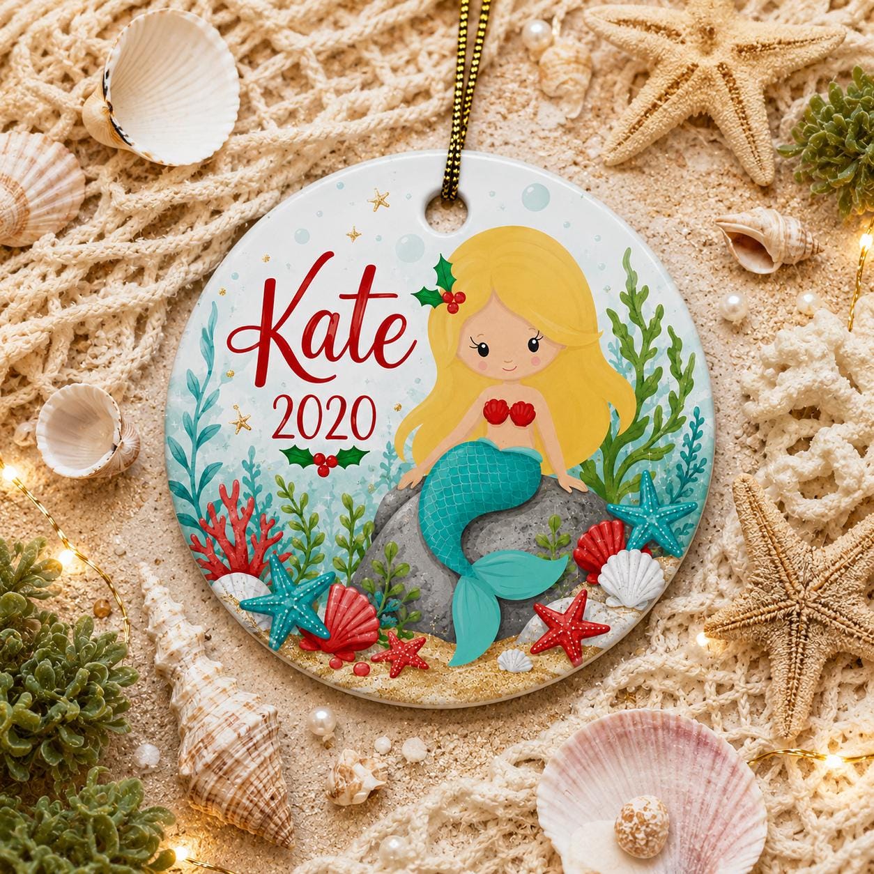 Mermaid Christmas Ornament, Nautical Shell Wreath, Under the Sea KeepsakePersonalized
