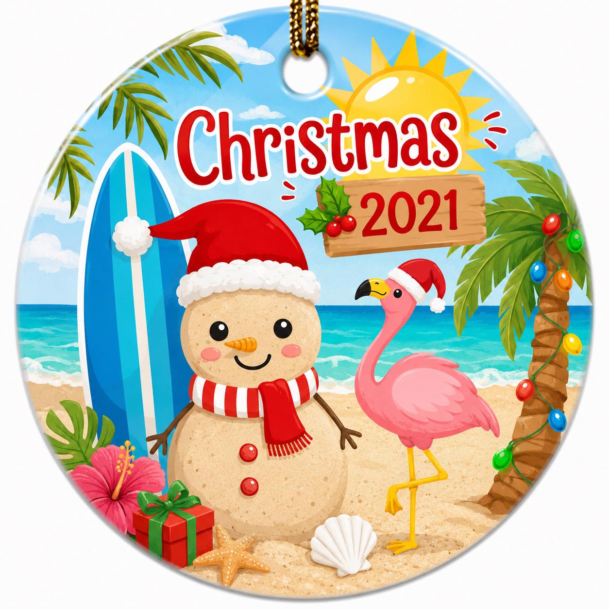 Sandman Flamingo Beach Christmas Ornament, Tropical Coastal Ceramic KeepsakePersonalized