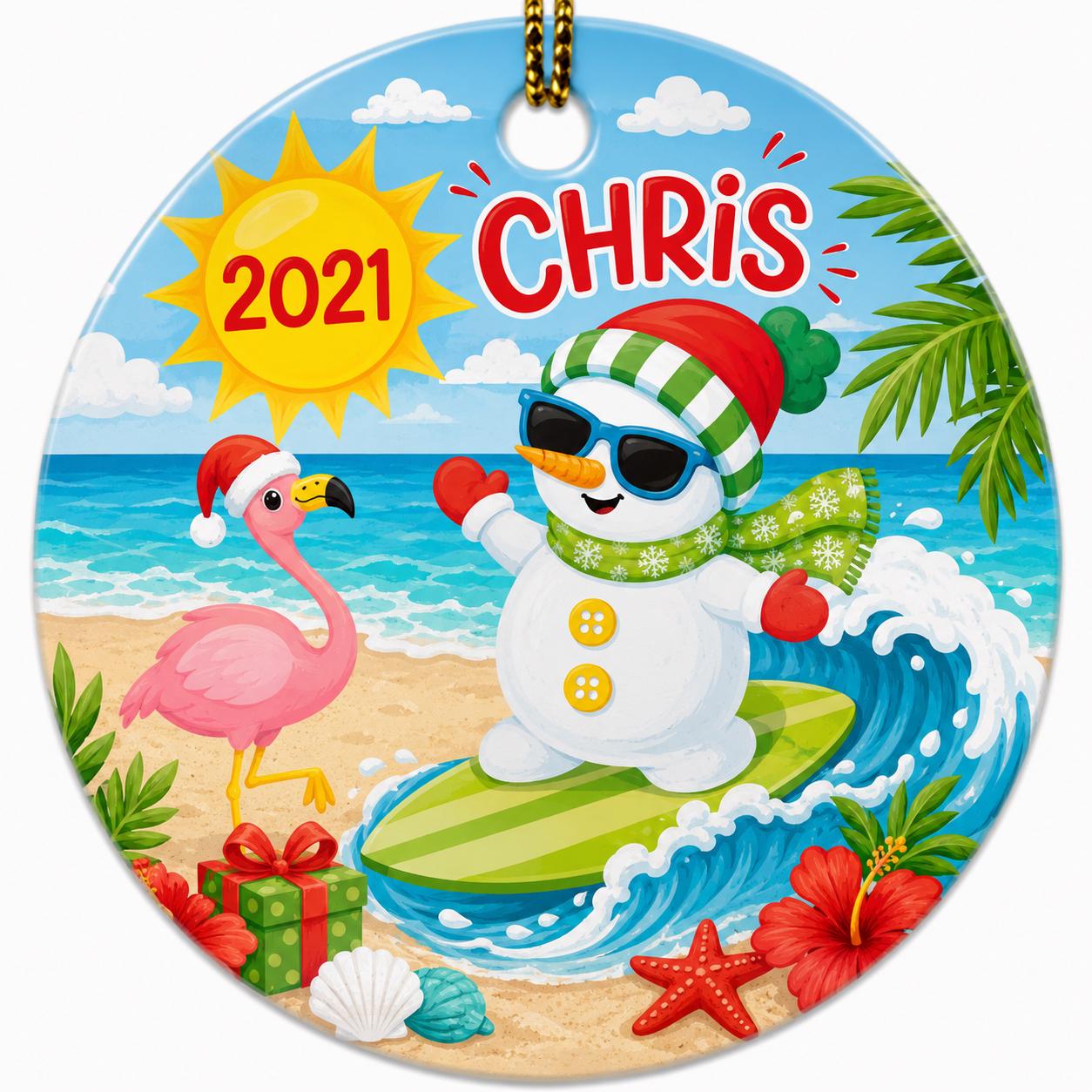 Surfing Snowman Ornament, Tropical Beach Christmas Decor, Custom Name Flamingo KeepsakePersonalized