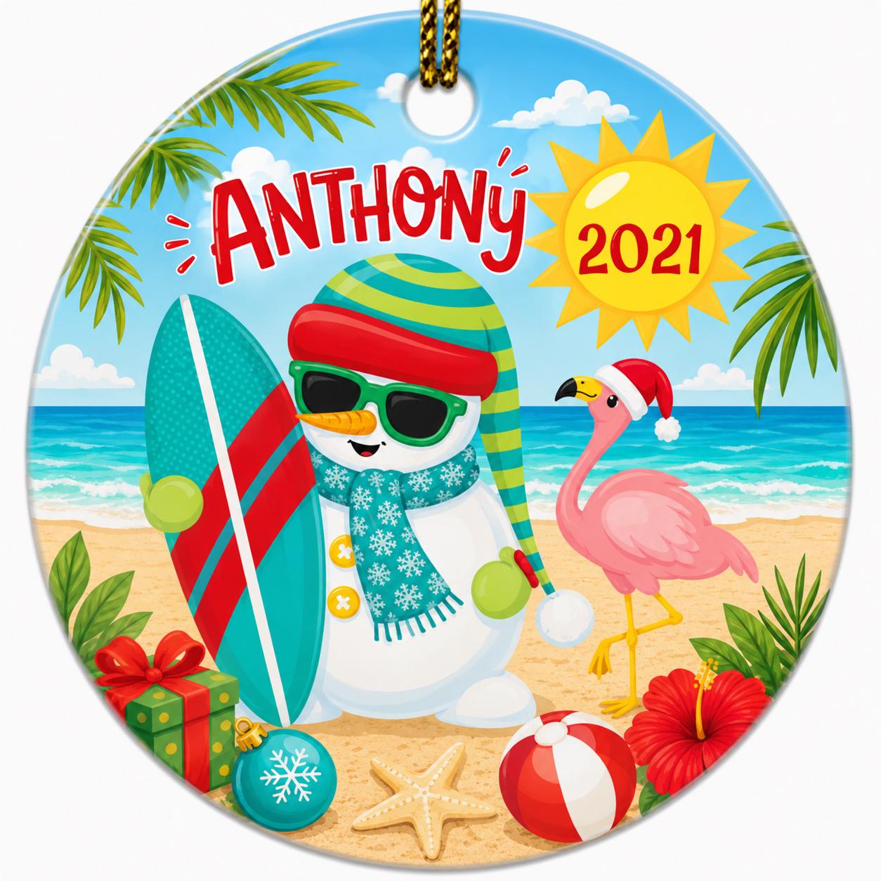 Tropical Snowman Ornament, Beach Christmas Decor, Surfing Flamingo Keepsake Mele KalikimakaPersonalized
