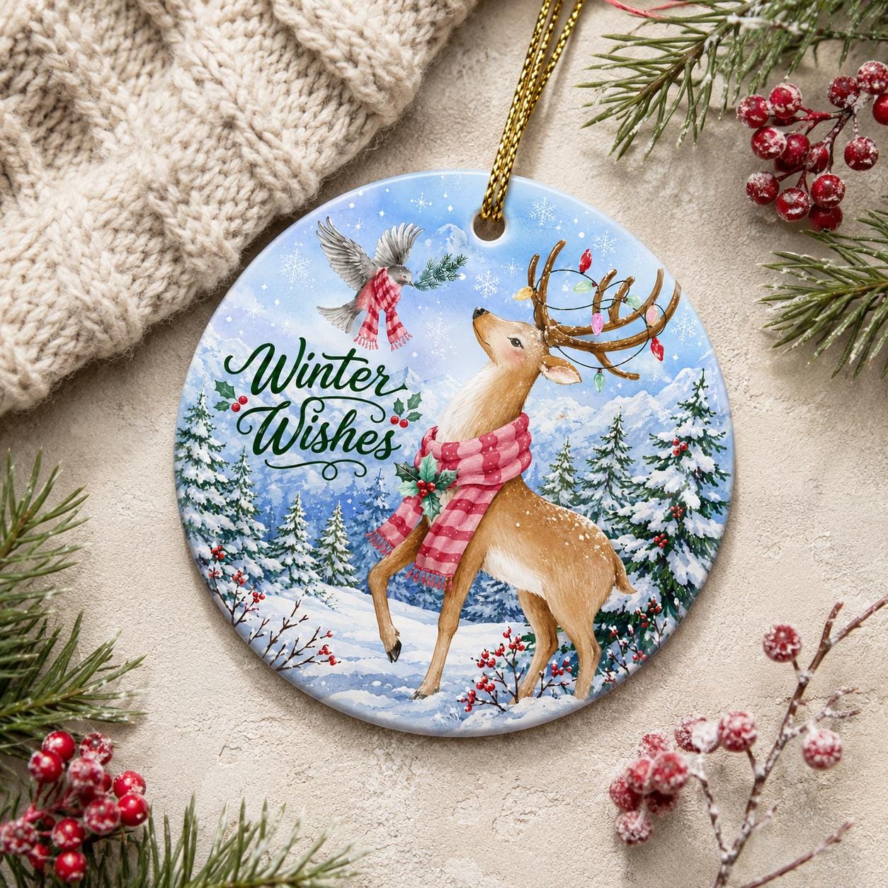 Winter Wishes Ceramic Ornament, Deer Bird Mountain Scene, Custom Family Name GiftPersonalized