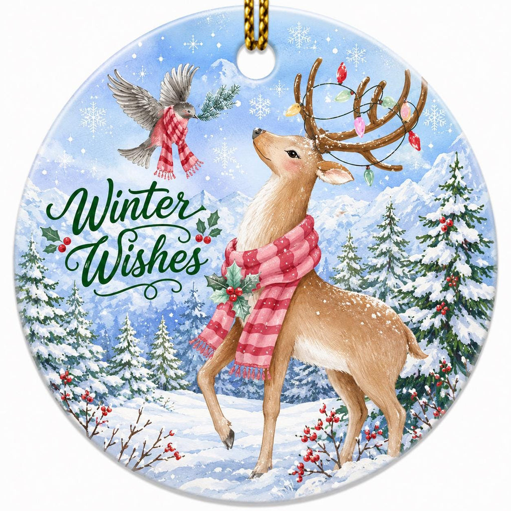Winter Wishes Ceramic Ornament, Deer Bird Mountain Scene, Custom Family Name GiftPersonalized