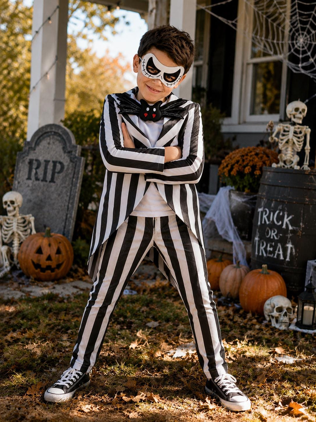 Jack Skellington Halloween Costume, Striped Suit, Bat Bow Tie, Spooky Outfit