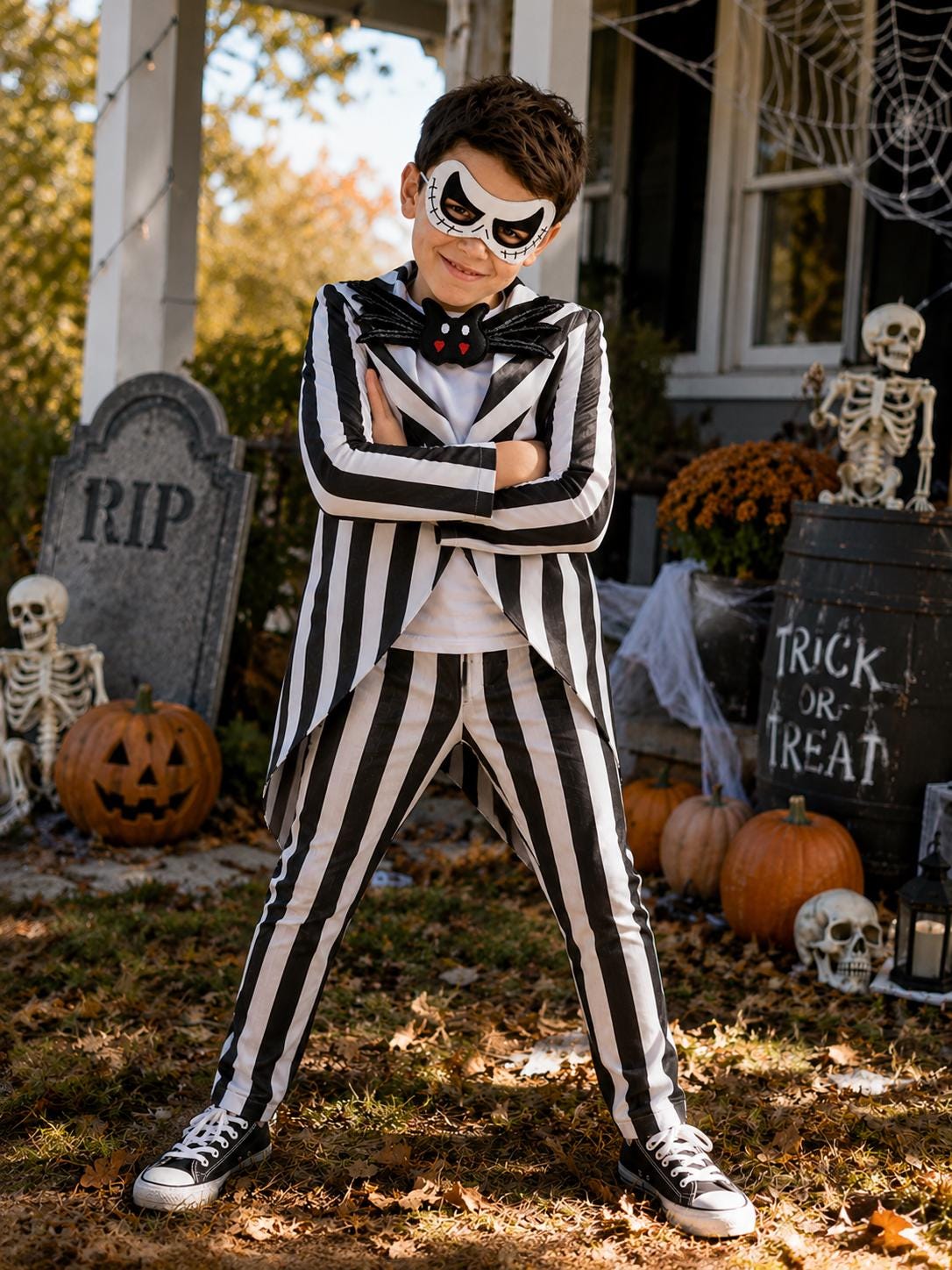 Jack Skellington Halloween Costume, Striped Suit, Bat Bow Tie, Spooky Outfit
