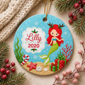 Red Haired Mermaid Ornament, Custom Name Ceramic Christmas Keepsake, Whimsical Coastal DecorPersonalized