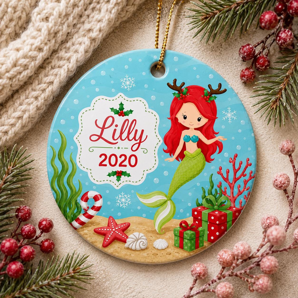 Red Haired Mermaid Ornament, Custom Name Ceramic Christmas Keepsake, Whimsical Coastal DecorPersonalized