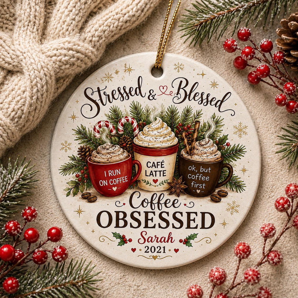 Stressed Blessed Coffee Obsessed Ornament, Personalized Ceramic Christmas DecorPersonalized