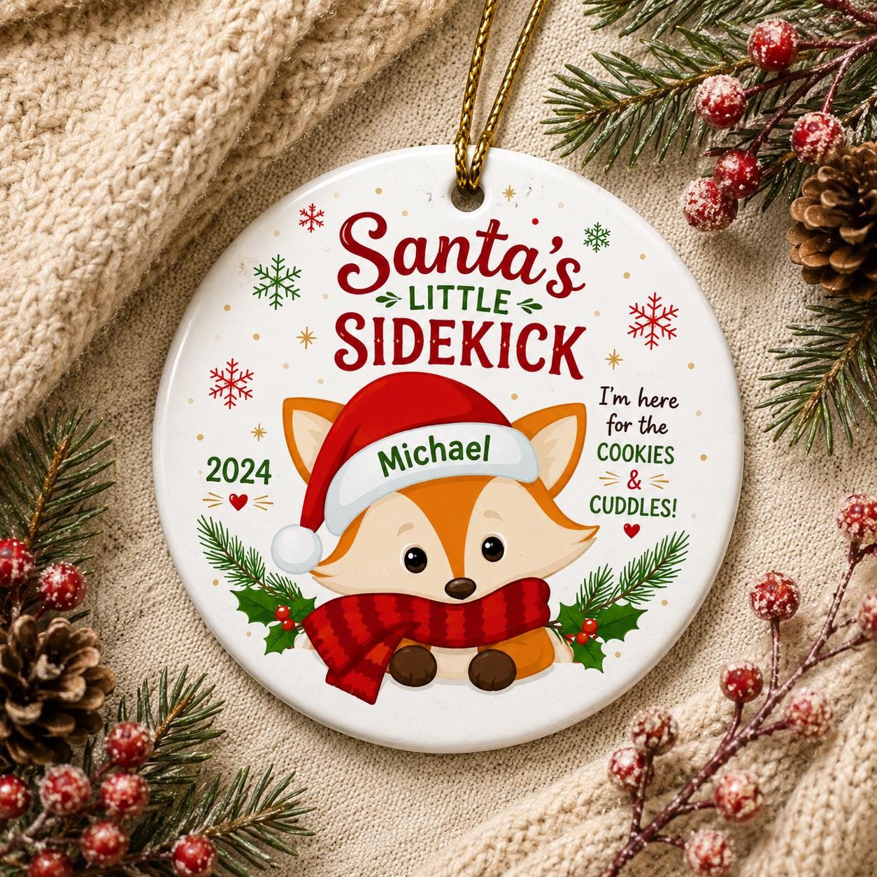 Customizable Fox Christmas Ornament, Woodland Animal Holiday Keepsake, Santa Hat DecorPersonalized