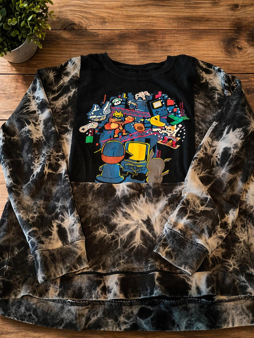 Upcycled 80s Gaming Sweatshirt – Pikachu, Donkey Kong, Pac-Man Mashup Tie Dye Hoodie