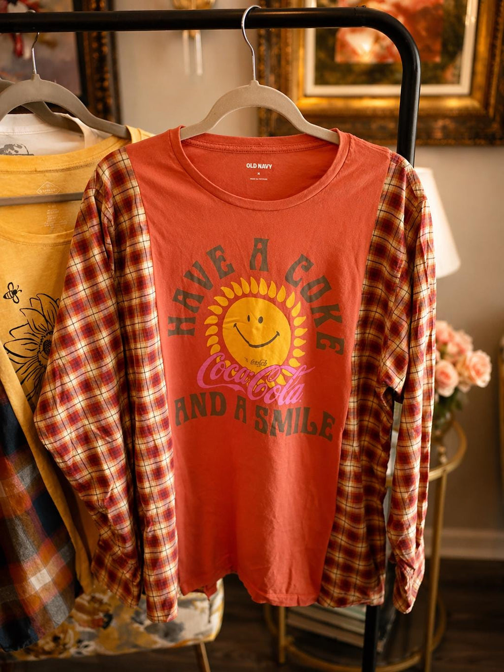 Upcycled Orange Coca-Cola Sunshine Flannel Shirt – Retro Bleached Logo Apparel (2XL)