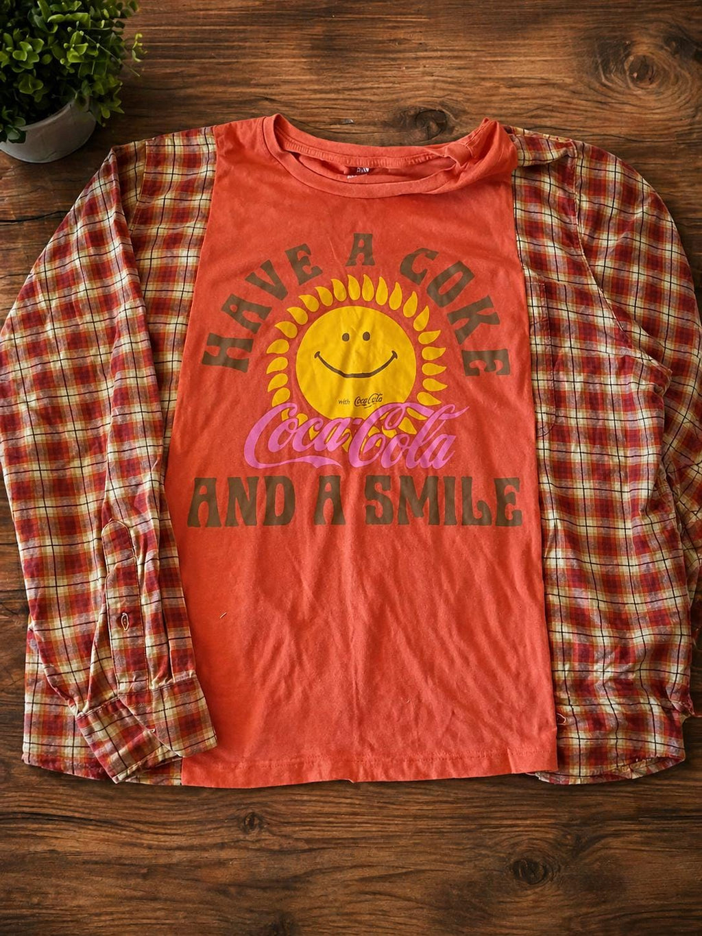 Upcycled Orange Coca-Cola Sunshine Flannel Shirt – Retro Bleached Logo Apparel (2XL)