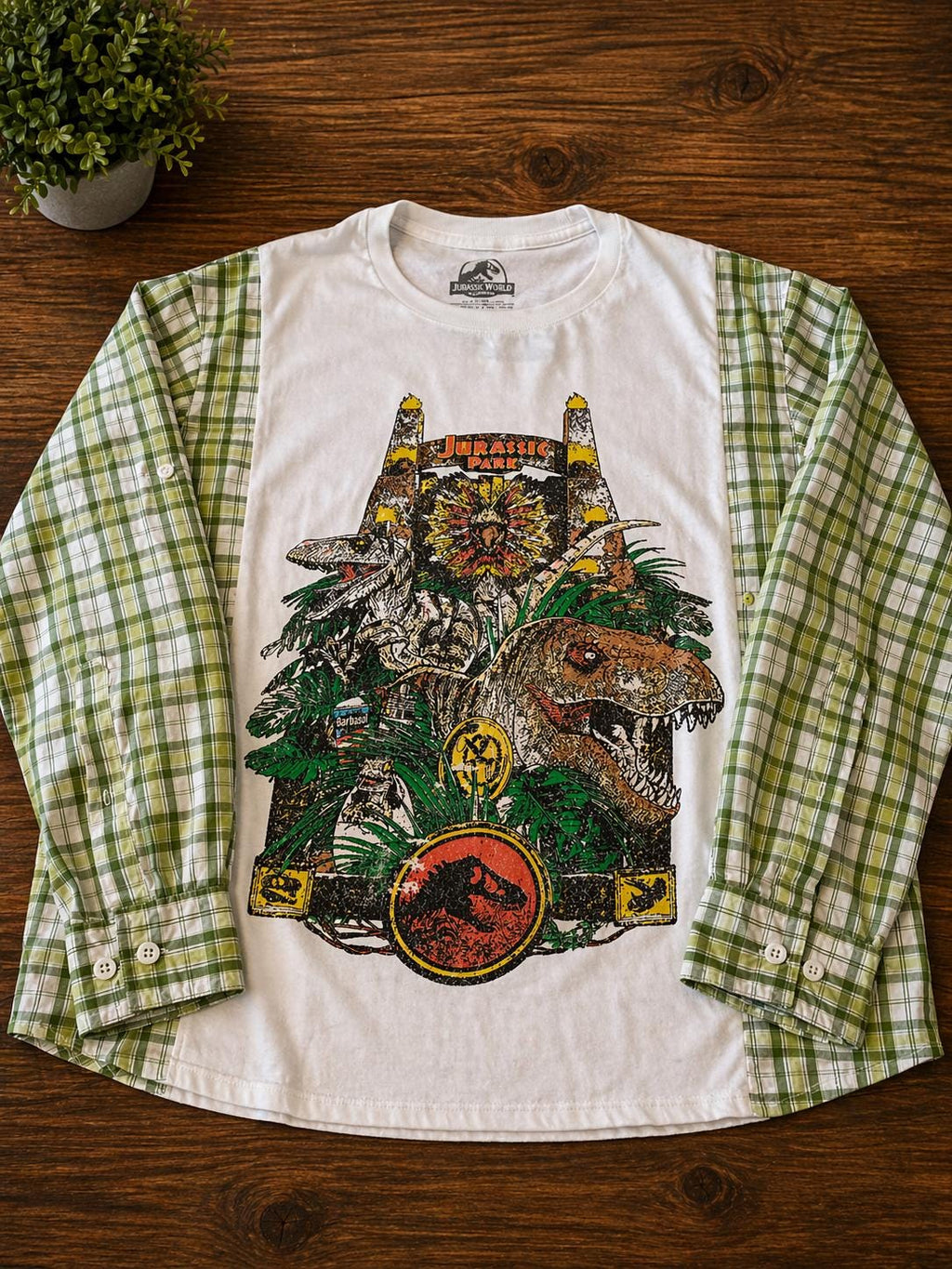 Upcycled Jurassic Park Long Sleeve Shirt – Retro 90s Dinosaur Graphic Tee