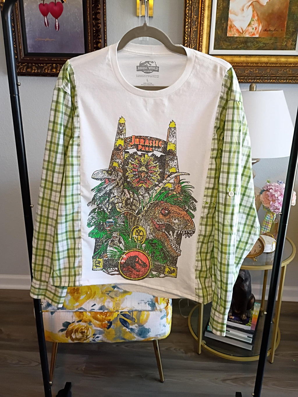 Upcycled Jurassic Park Long Sleeve Shirt – Retro 90s Dinosaur Graphic Tee