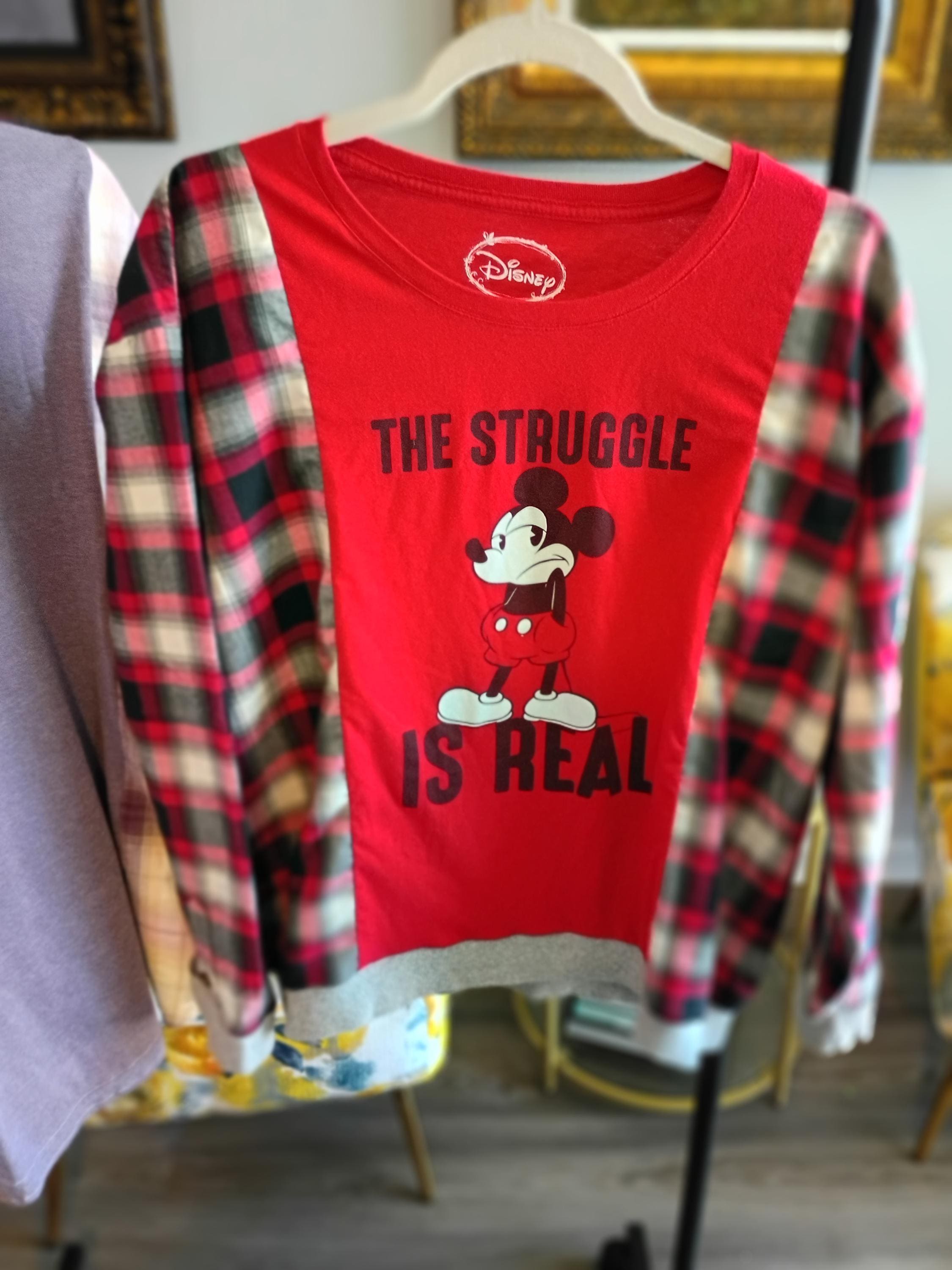 Red Mickey Mouse Flannel Shirt – Upcycled Bleached Graphic Top (2XL)