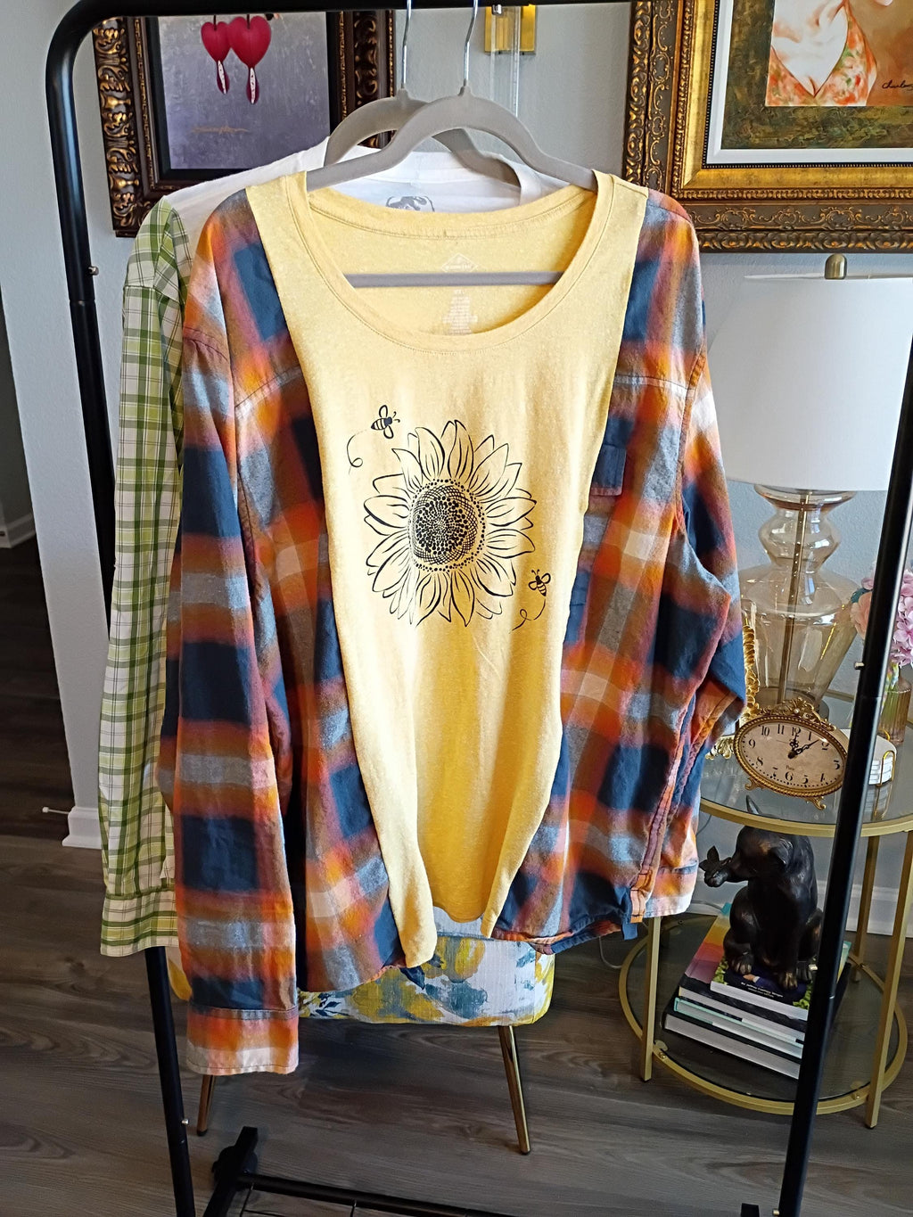 Upcycled Sunflower Flannel Shirt – Boho Bleached Plaid Top (2XL)