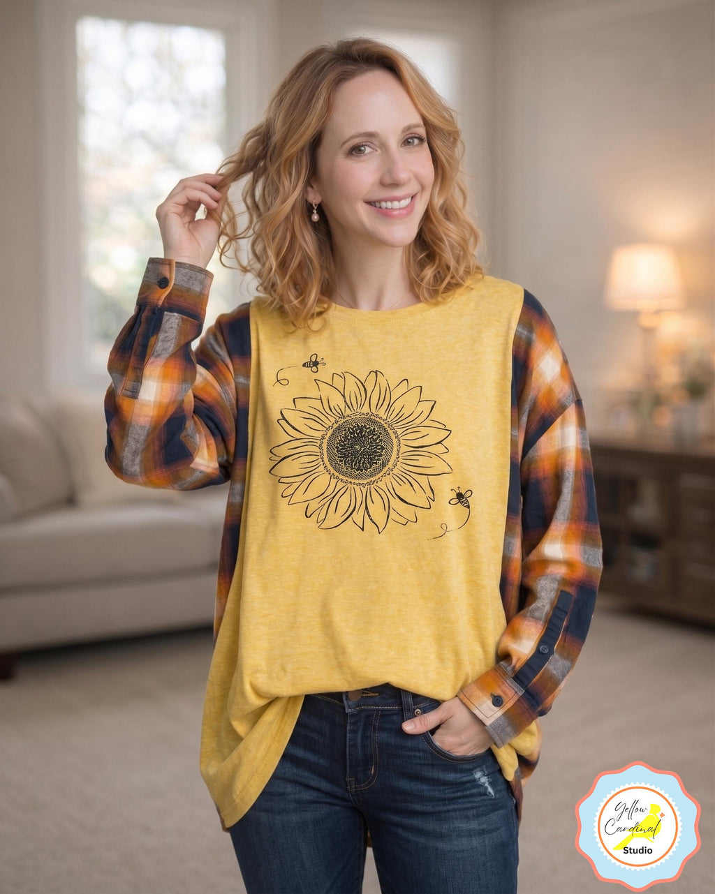 Upcycled Sunflower Flannel Shirt – Boho Bleached Plaid Top (2XL)