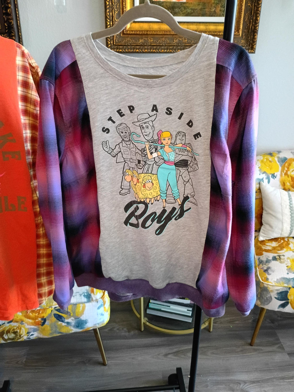 Toy Story Upcycled Flannel Sweatshirt – Bo Peep, Woody, Buzz Plaid Hoodie (2XL)