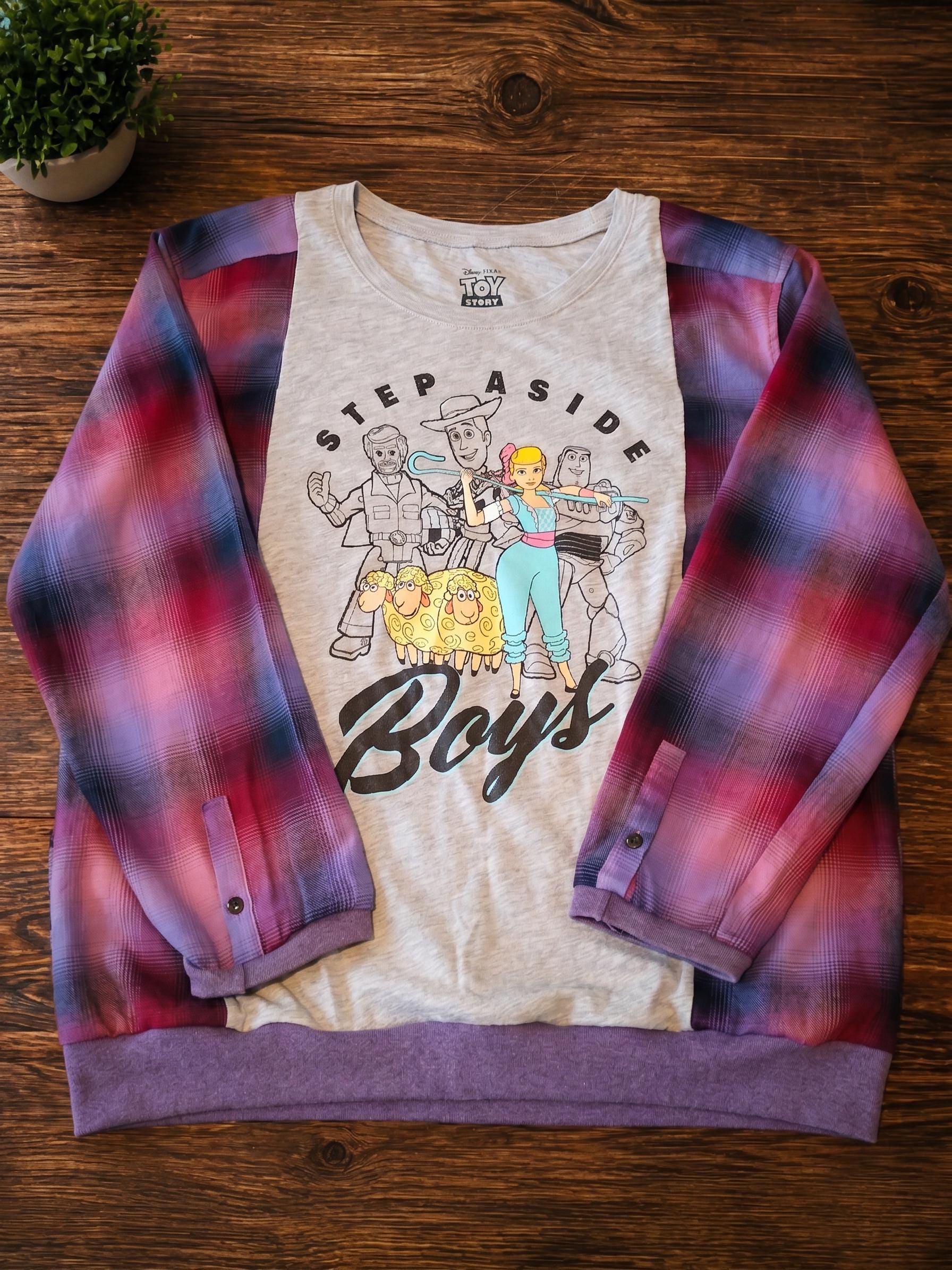 Toy Story Upcycled Flannel Sweatshirt – Bo Peep, Woody, Buzz Plaid Hoodie (2XL)