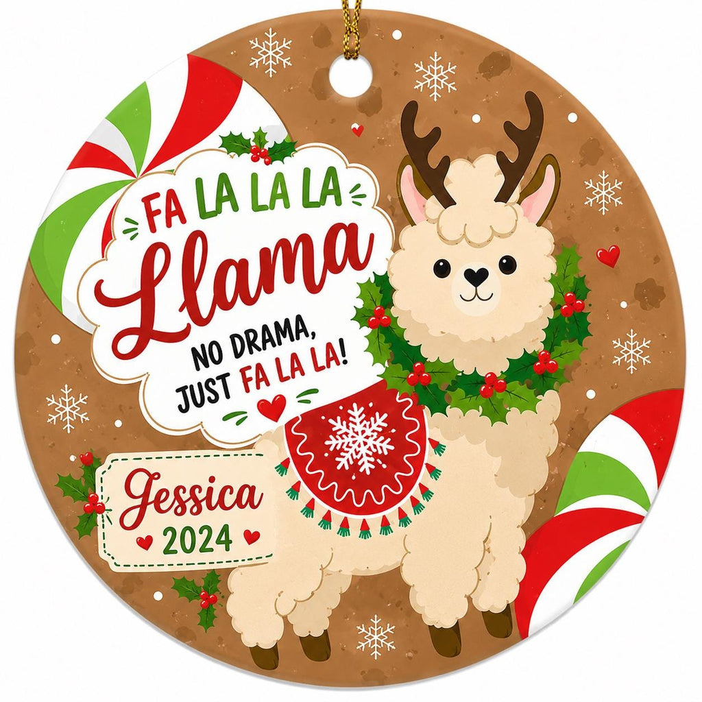 Fa La La Llama Ceramic Ornament, Festive Holiday Wreath Decor, Whimsical Christmas KeepsakePersonalized