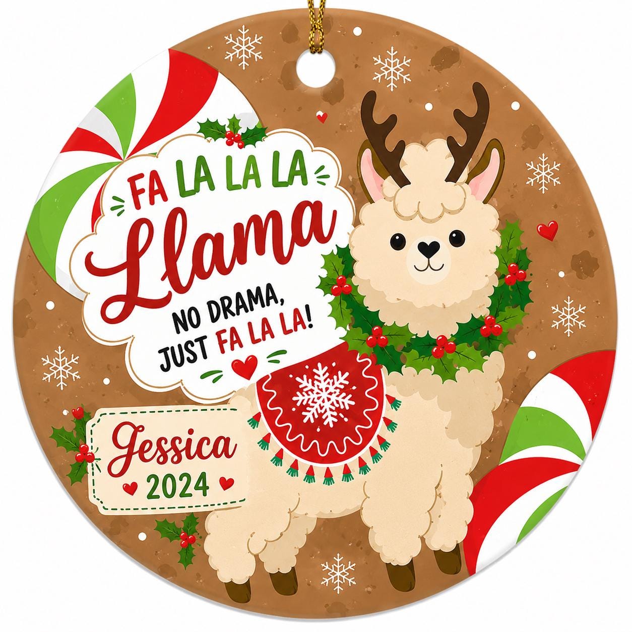 Fa La La Llama Ceramic Ornament, Festive Holiday Wreath Decor, Whimsical Christmas KeepsakePersonalized