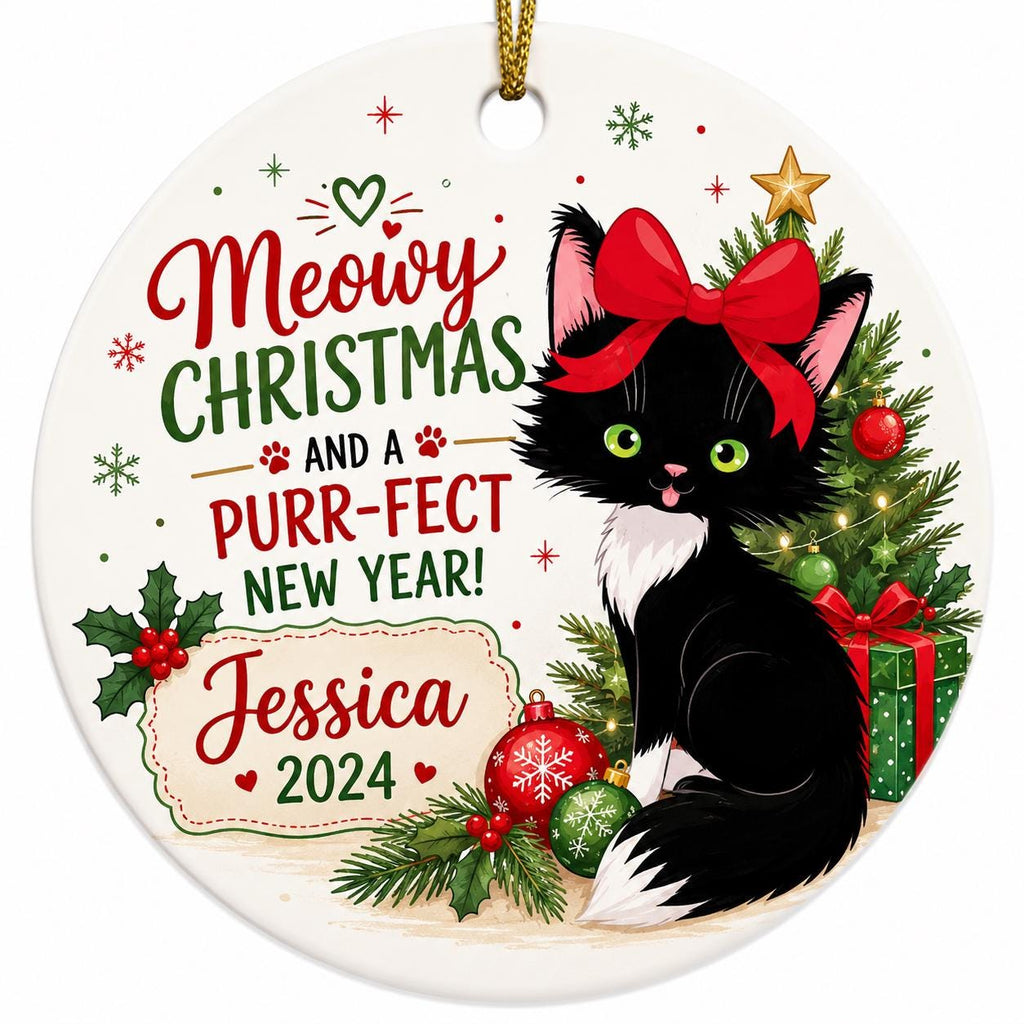 Tuxedo Cat Christmas Ornament, Whimsical Kitten Holiday Keepsake, Ceramic Pet Name GiftPersonalized