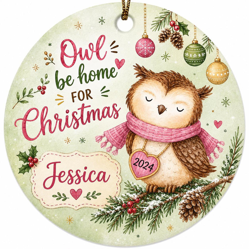 Watercolor Owl Christmas Ornament, Rustic Woodland Ceramic KeepsakePersonalized