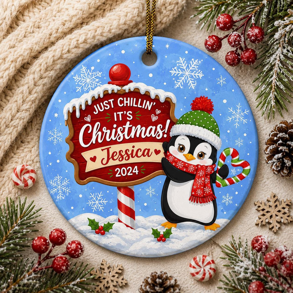 Penguin Christmas Ornament, Winter Candy Cane Keepsake, Custom Name Child GiftPersonalized