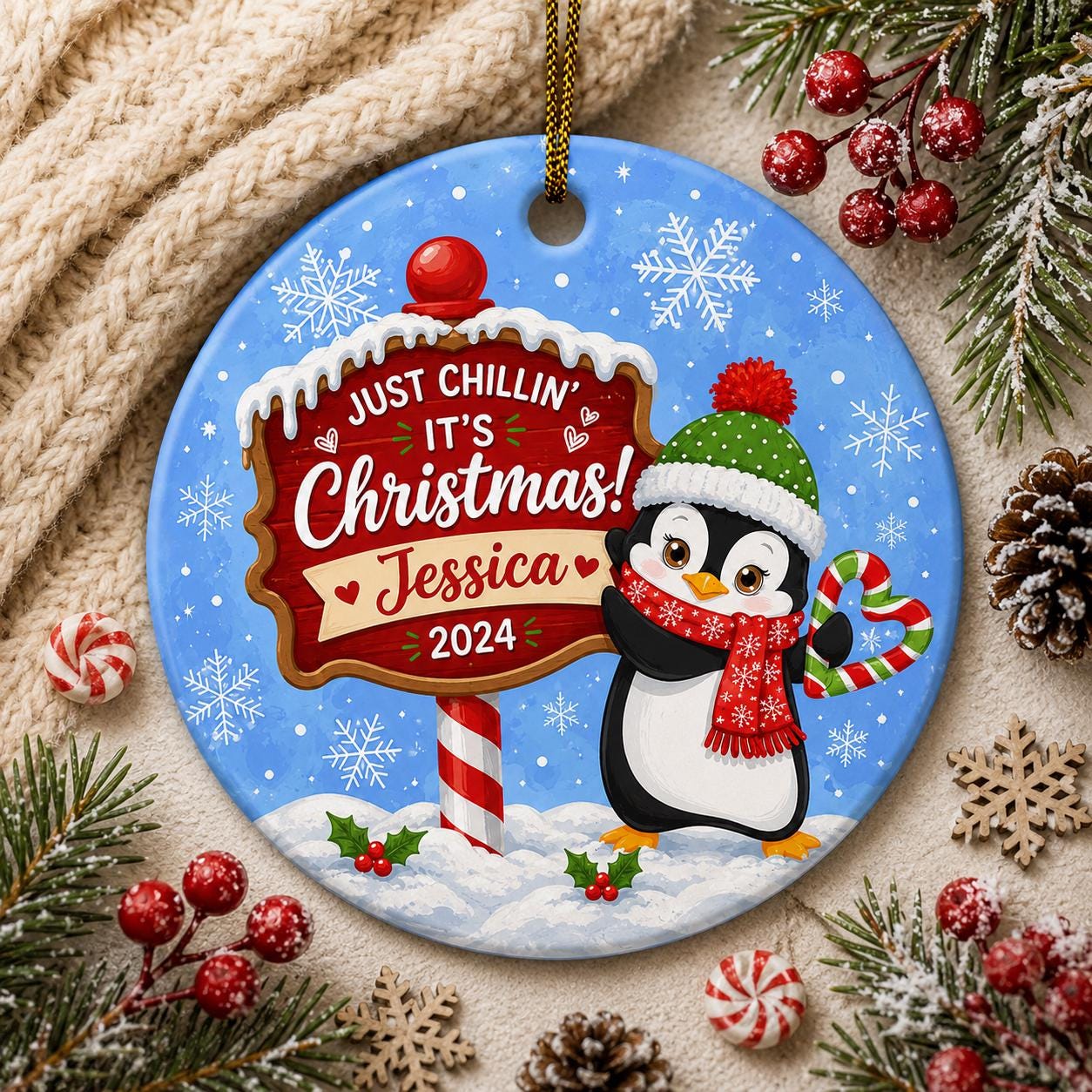 Penguin Christmas Ornament, Winter Candy Cane Keepsake, Custom Name Child GiftPersonalized