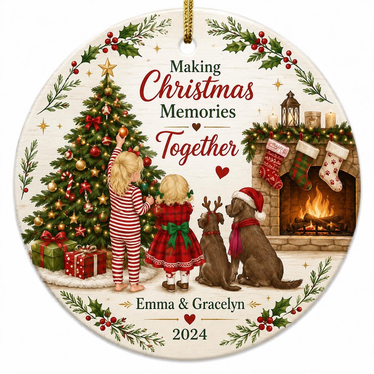 Sisters and Dogs Christmas Ornament, Fireside Family Keepsake, Holiday Pajamas Ceramic GiftPersonalized