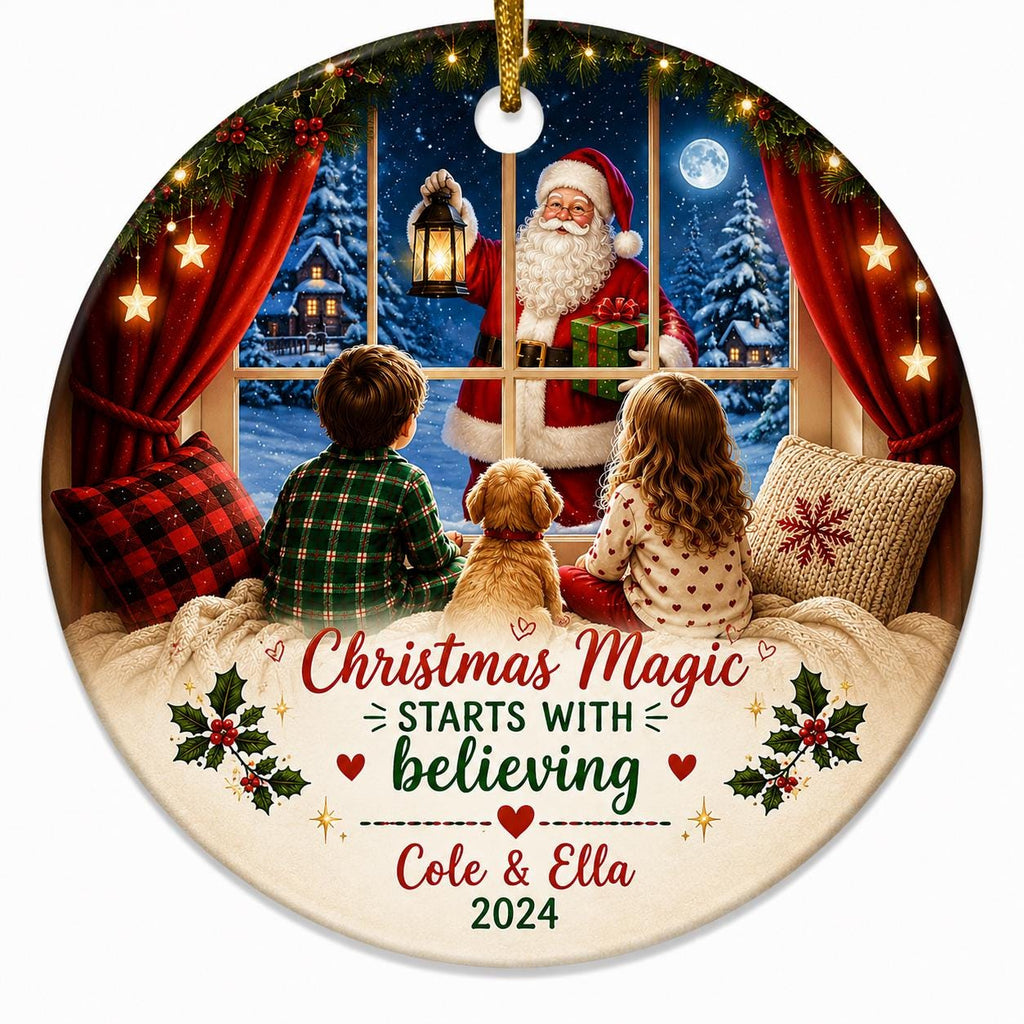 Ceramic Christmas Ornament, Santa Window Scene, Kids Cat Gift, Custom Siblings KeepsakePersonalized