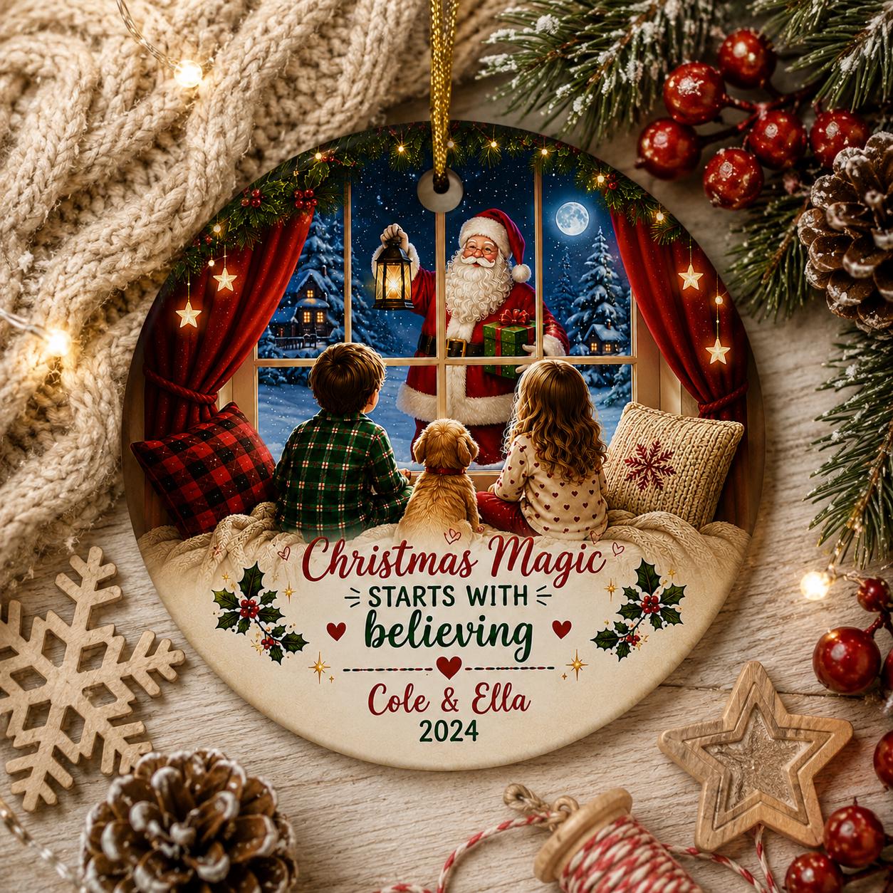 Ceramic Christmas Ornament, Santa Window Scene, Kids Cat Gift, Custom Siblings KeepsakePersonalized