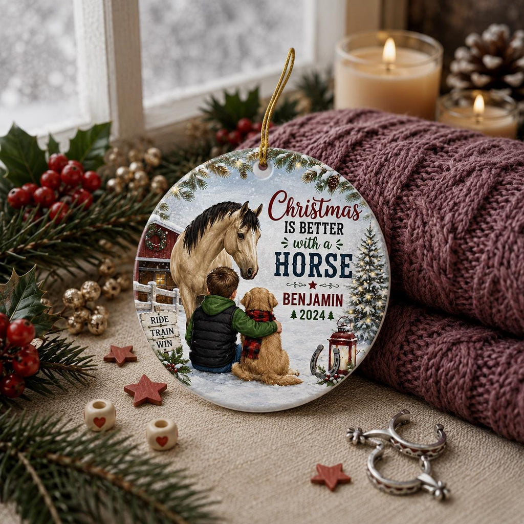 Boy Horse Christmas Ornament, Custom Name Ceramic Keepsake, Winter Farm DecorPersonalized