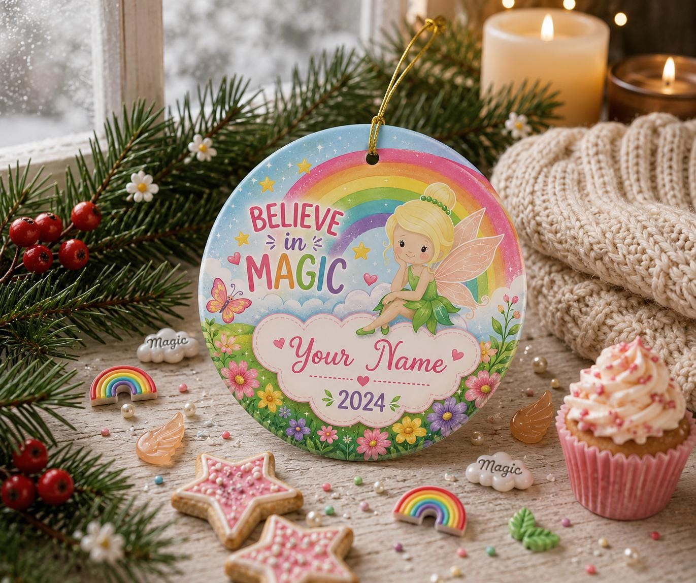 Fairy Rainbow Ceramic Ornament, Custom Name Keepsake, Whimsical DecorPersonalized