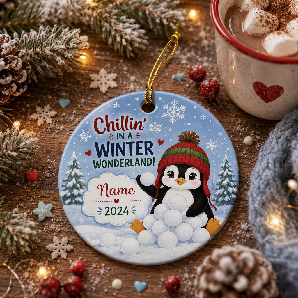 Penguin Christmas Ornament, Custom Name Winter Snowball Decor, Ceramic Holiday KeepsakePersonalized