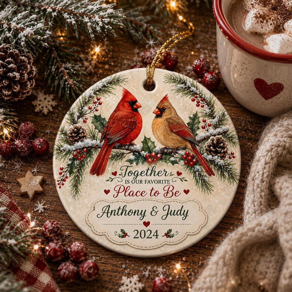 Cardinal Couple Ornament, Watercolor Holly Berry Ceramic KeepsakePersonalized