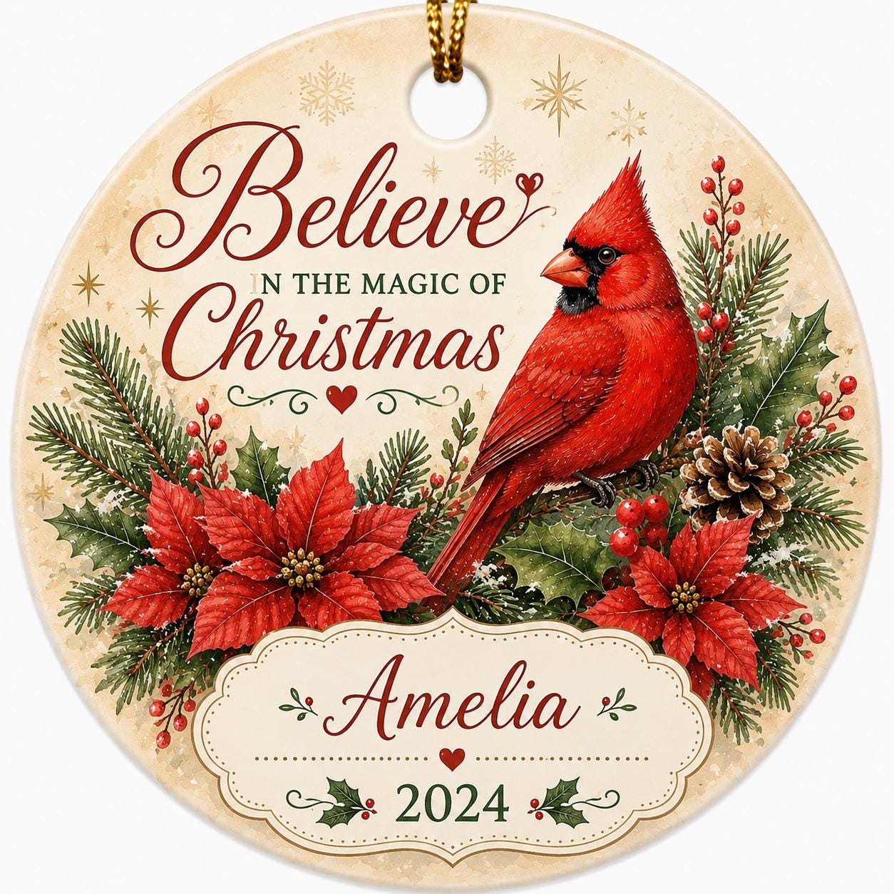 Cardinal Christmas Ornament, Custom Name Bird Holiday Keepsake Evergreen DecorPersonalized