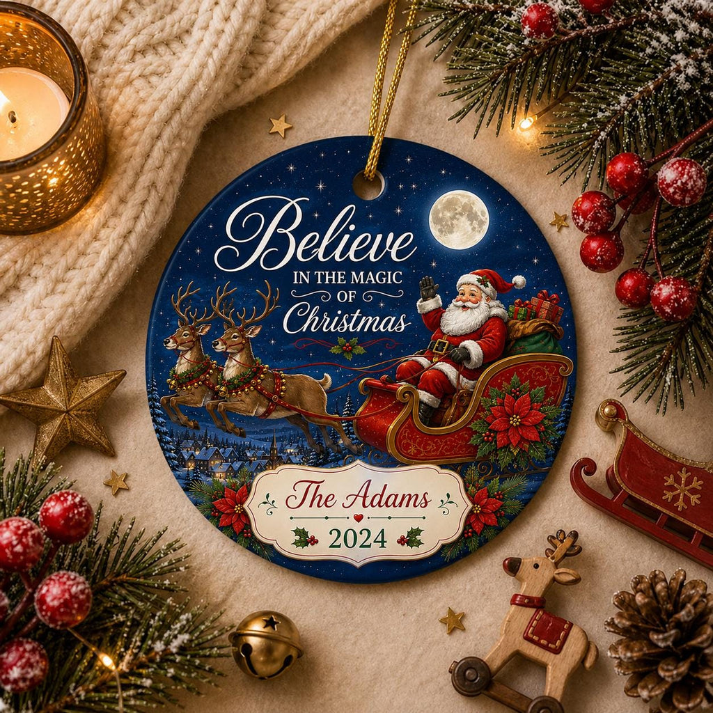 Believe Santa Sleigh Ornament, Custom Family Name, Vintage Saint Nick Ceramic KeepsakePersonalized