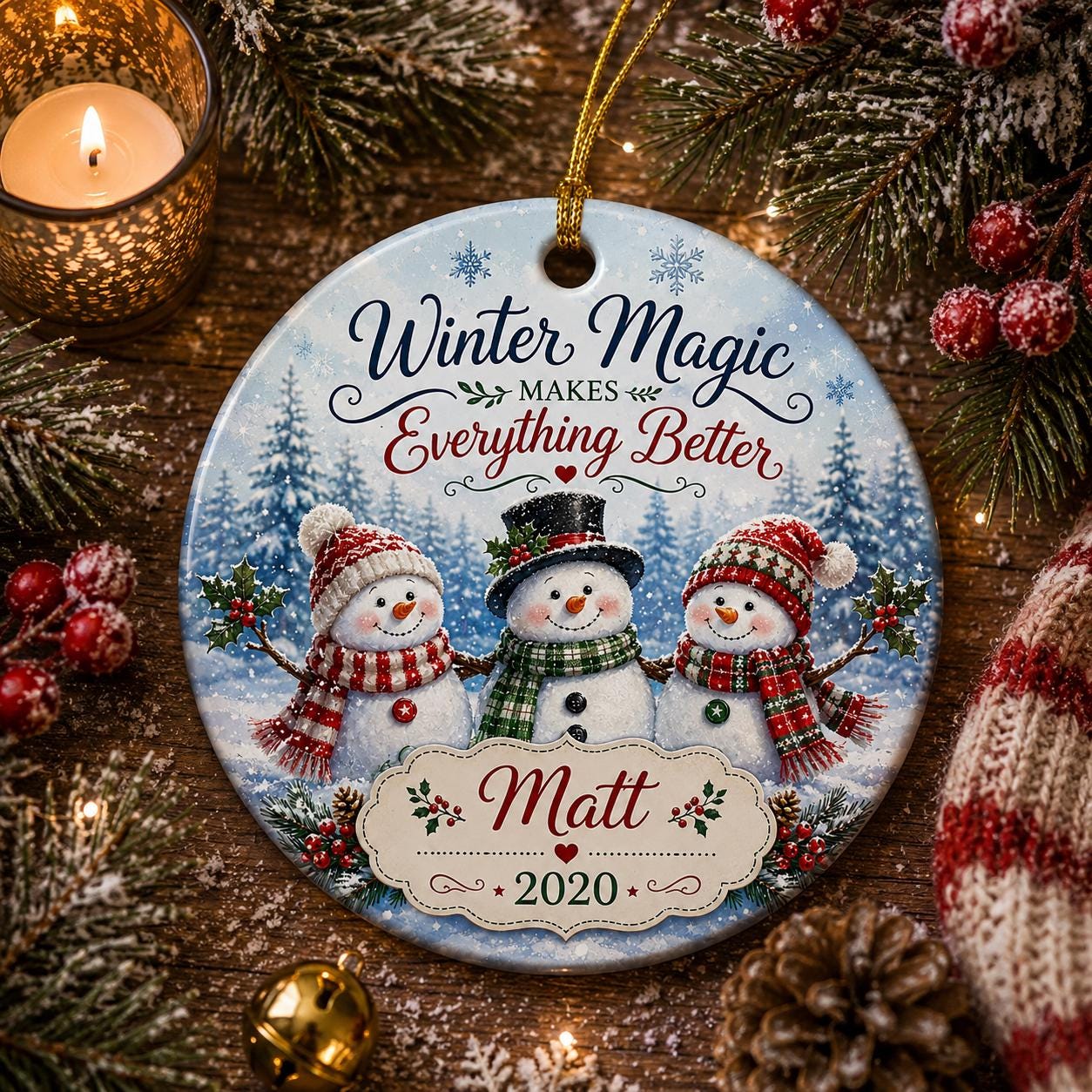 Customizable Winter Magic Snowman Ornament, Ceramic Trio Family Keepsake, Snowy Mountain ArtPersonalized