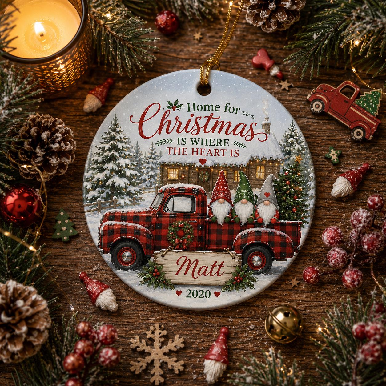 Christmas Gnome Truck Ornament, Buffalo Plaid Farmhouse KeepsakePersonalized